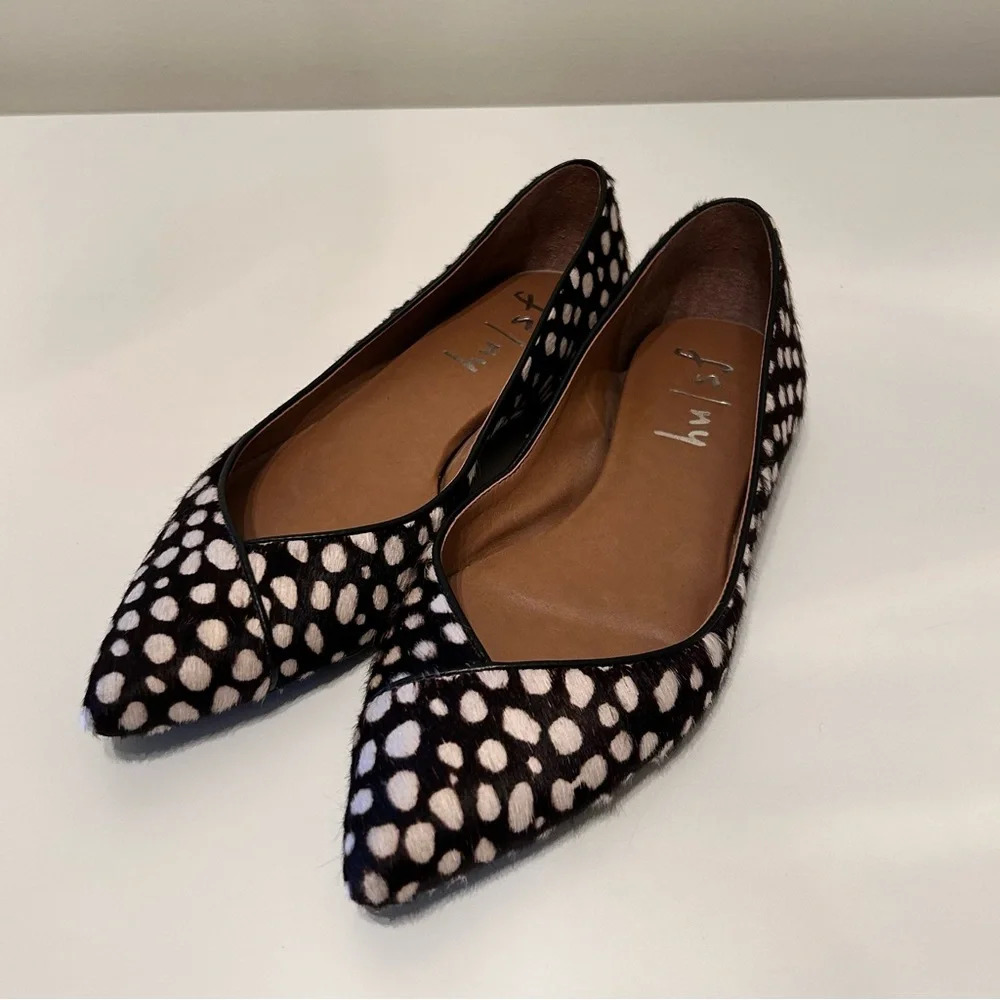 French Sole Peppy Calf-Hair Ballet Flats Brown & Cream Spots 7.5